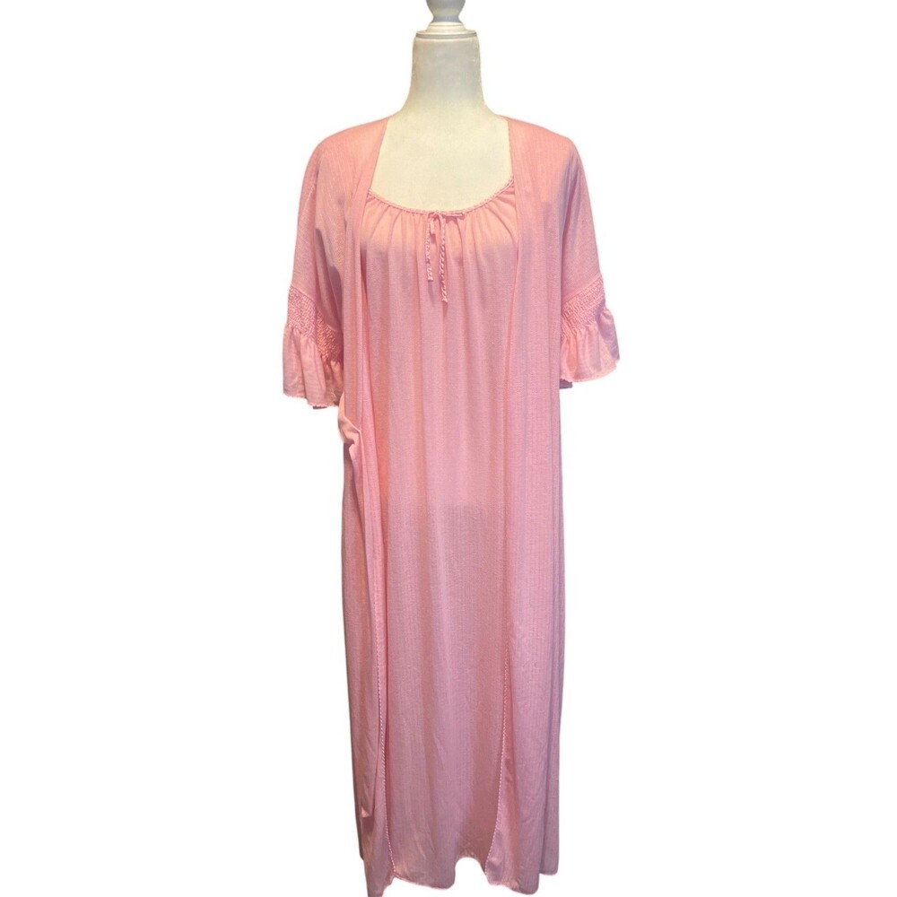 Vanity Fair Pink Peignoir & Nightgown Made In USA Lightweight Knit Short Sleeve